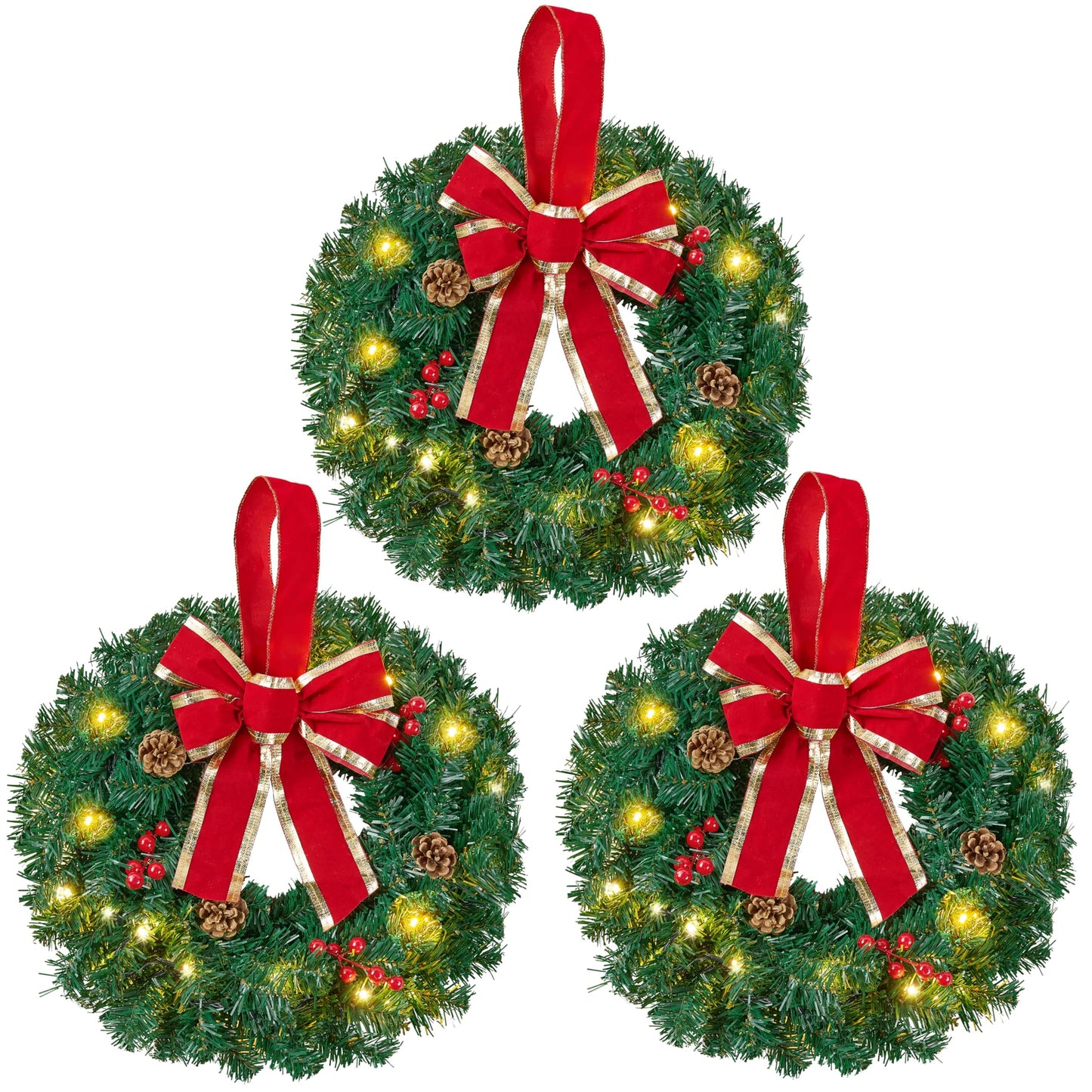 3 Pack 19" Christmas Wreaths with Bow Pre-Lit