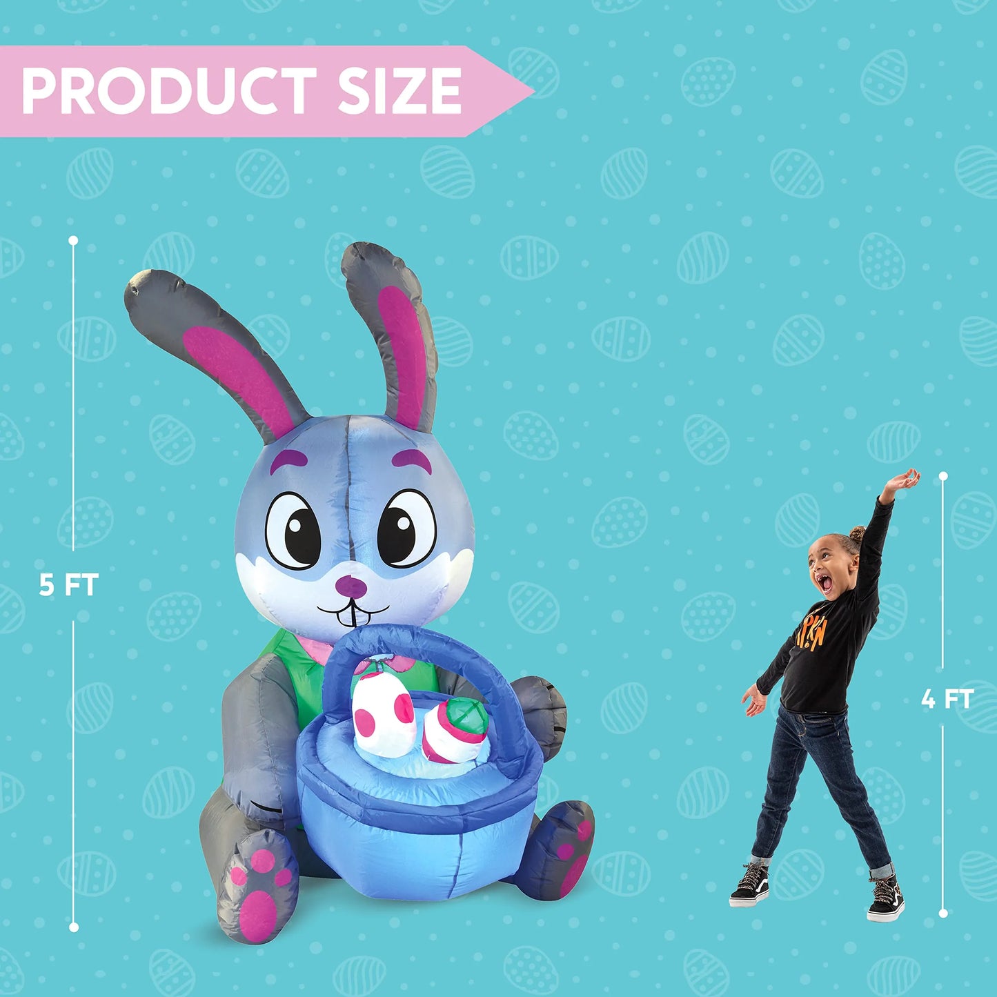 5ft LED Easter Bunny Hugging Basket and Colorful Eggs Inflatable Decoration