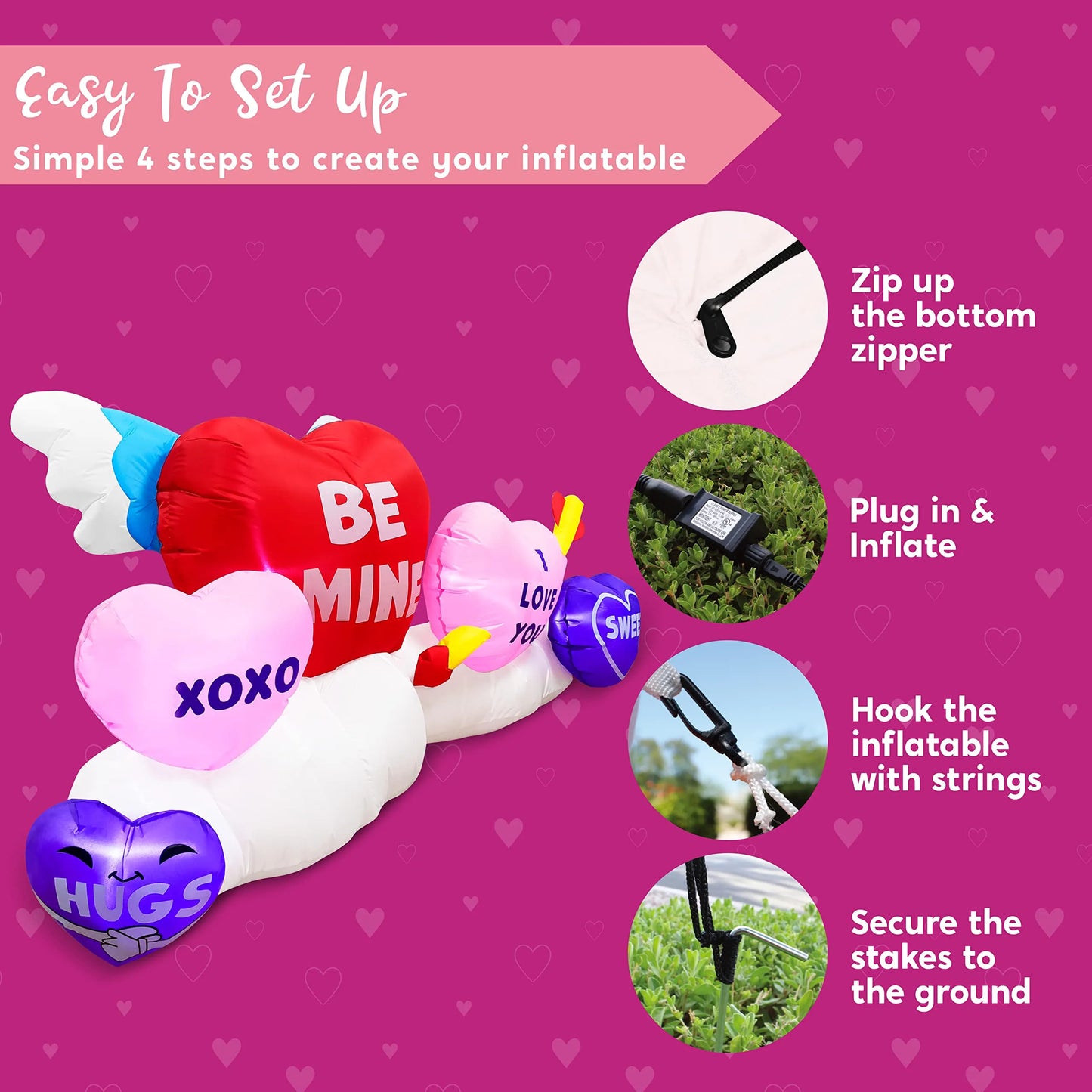 6 FT Long Valentines Day Inflatable Hearts Blow Up Valentines Yard Decor