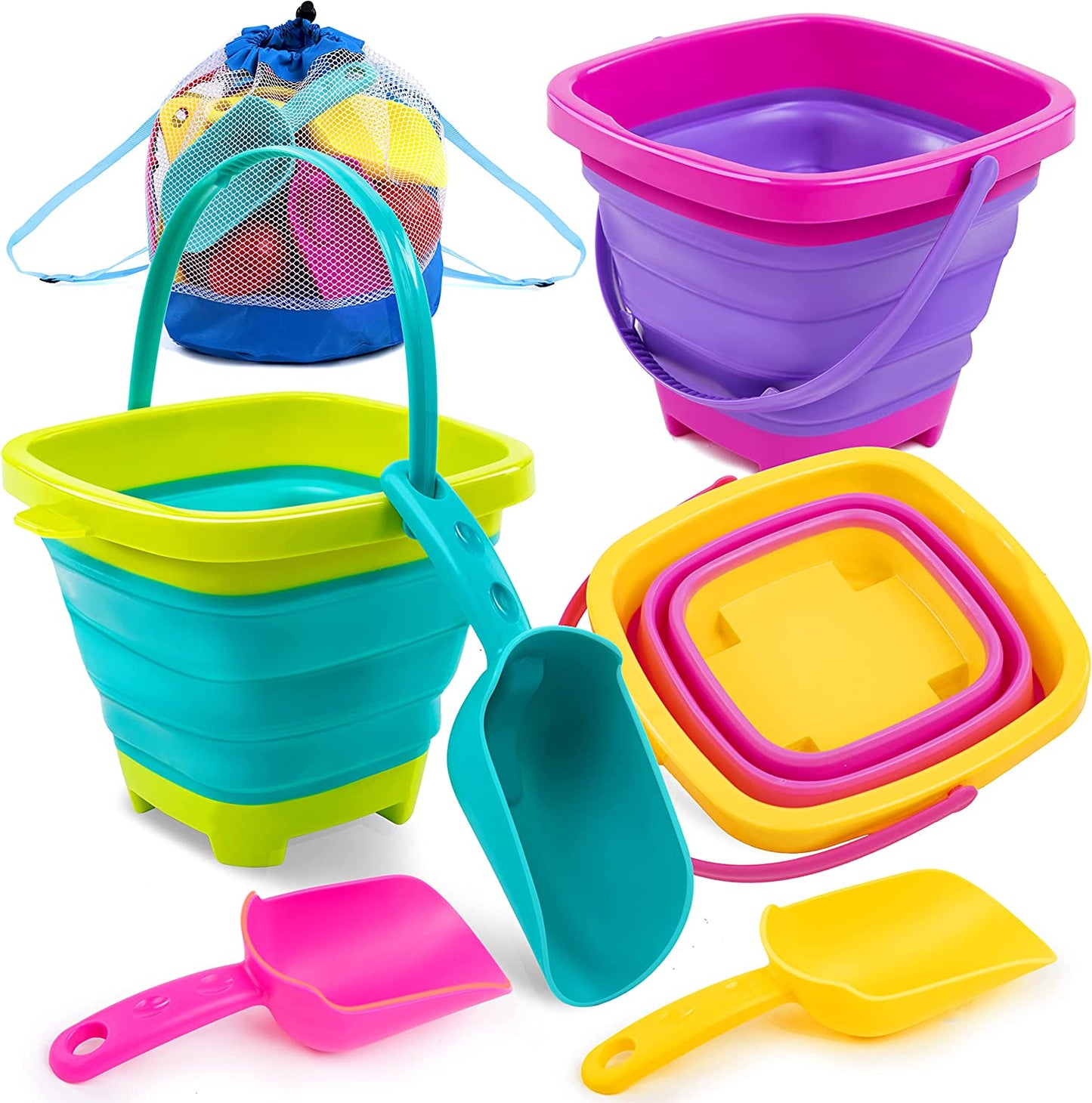 3 Packs Collapsible Beach Bucket with Shovels (Pink)