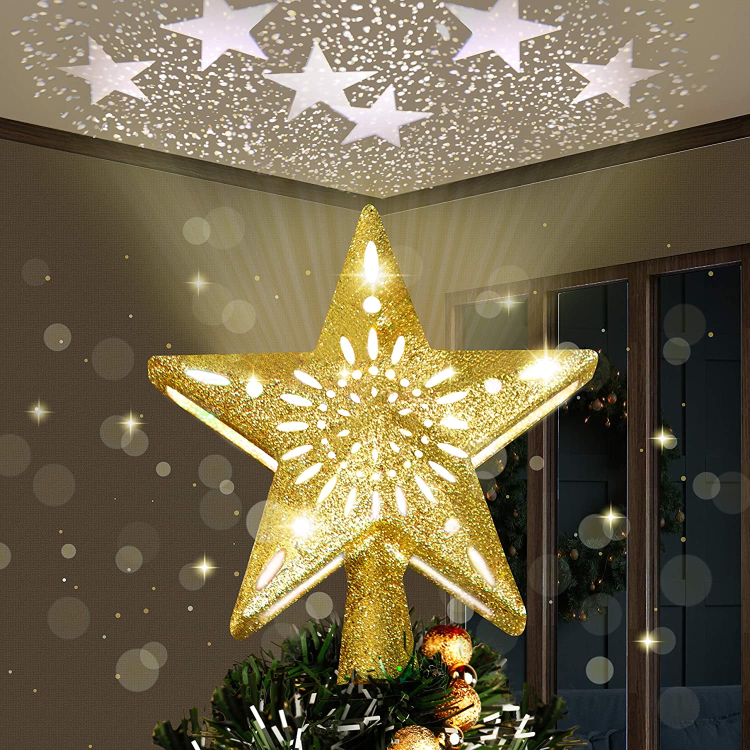 Silver Snowflake Christmas Tree Topper with LED Projected Stars