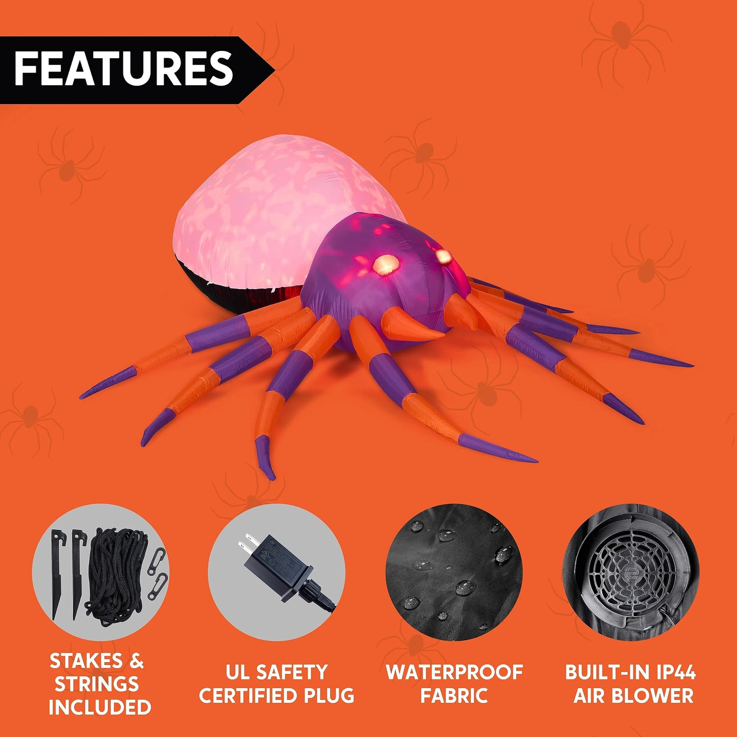 Joiedomi 12ft Halloween Inflatable Spider with Built-in Rotating LEDs