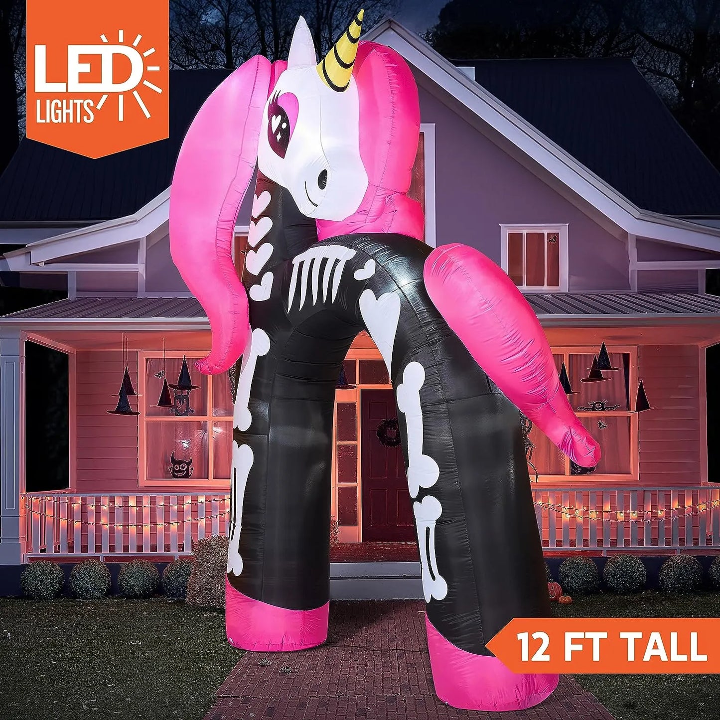 Joeidomi 12ft Rainbow Skeleton Unicorn Arch LED Halloween Inflatable