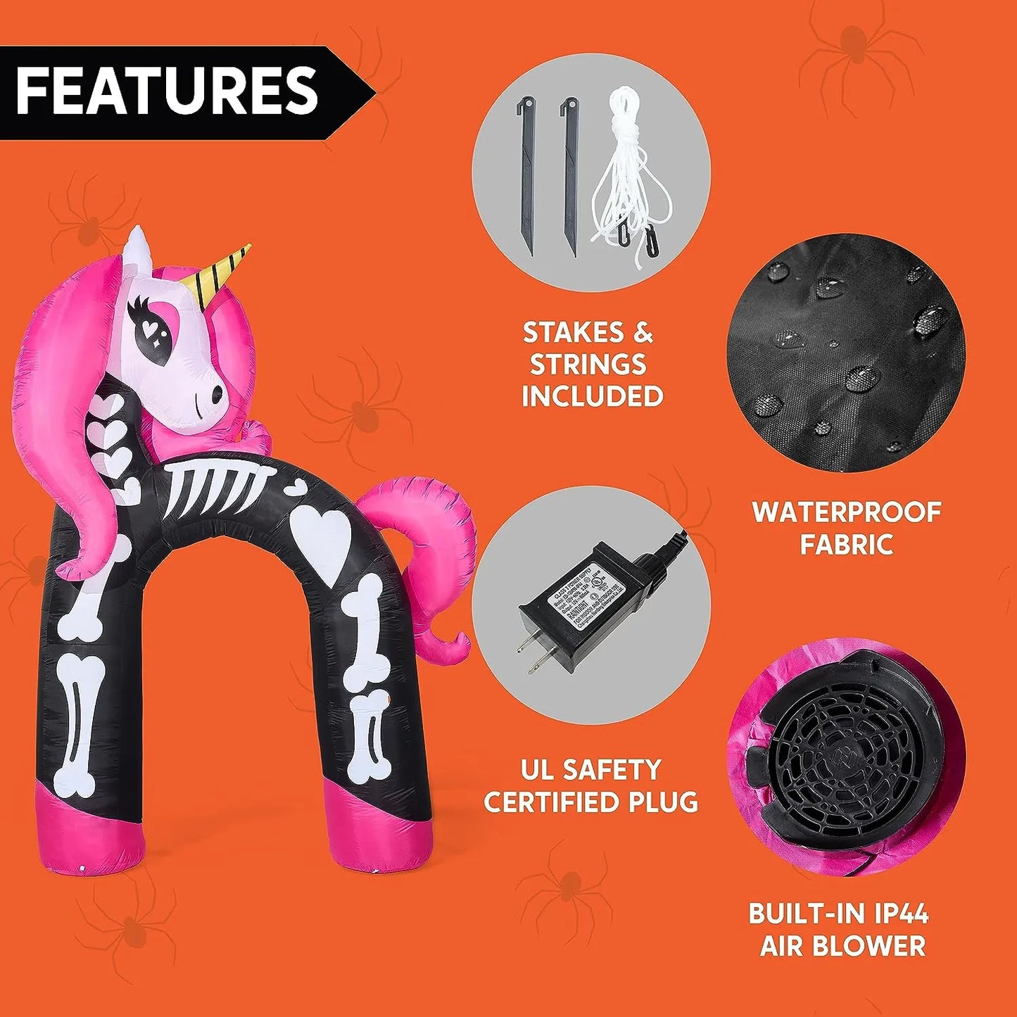 Joeidomi 12ft Rainbow Skeleton Unicorn Arch LED Halloween Inflatable