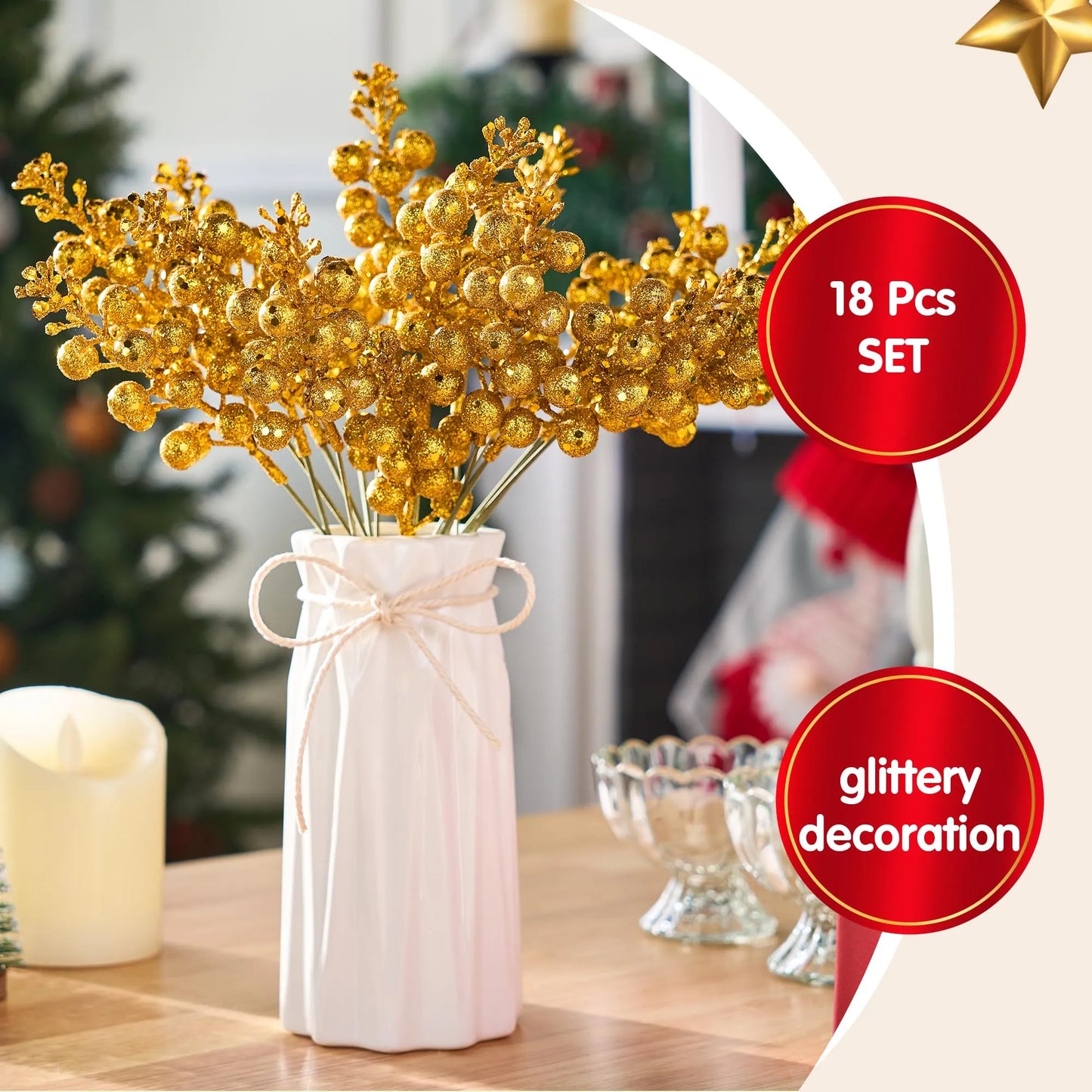 18Pcs 10in Christmas Artificial Glitter Berry Stem Ornaments