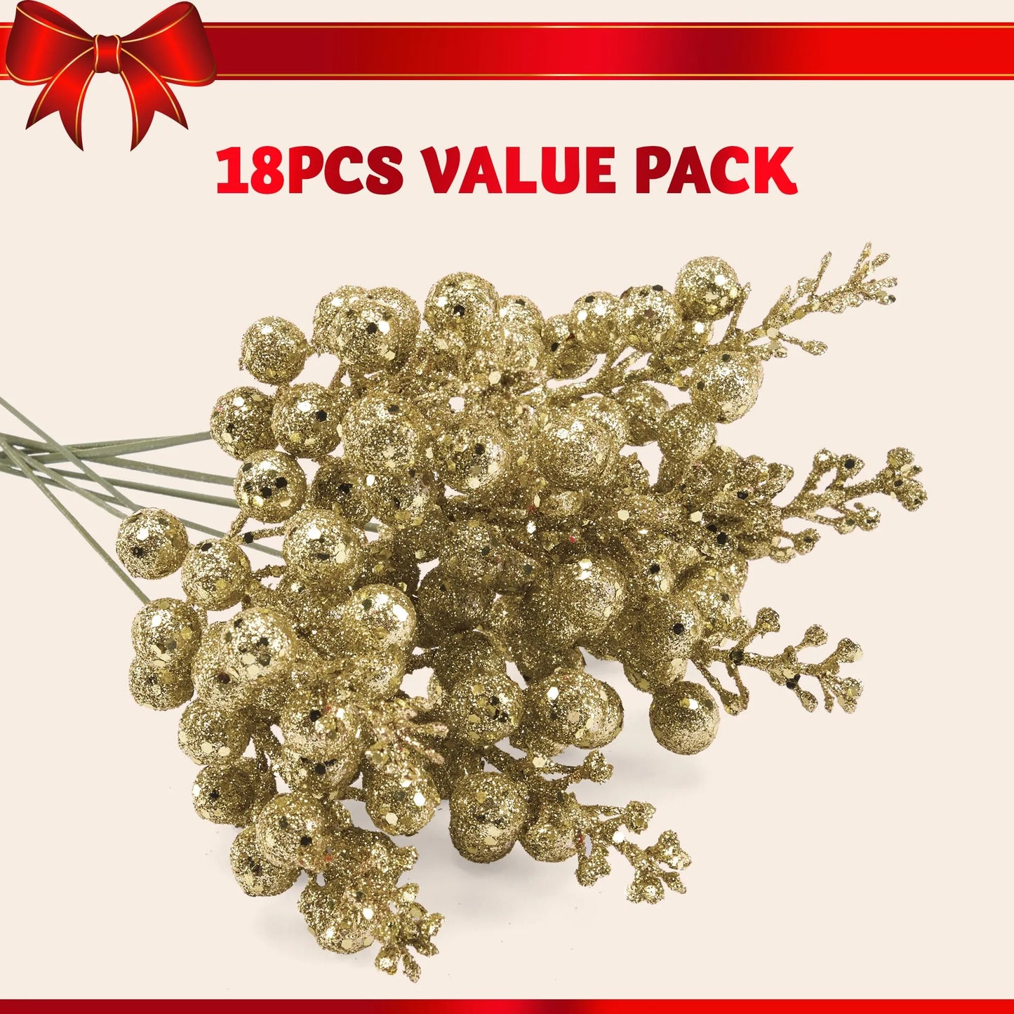 18Pcs 10in Christmas Artificial Glitter Berry Stem Ornaments (Champagne)