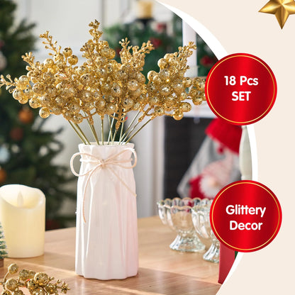 18Pcs 10in Christmas Artificial Glitter Berry Stem Ornaments (Champagne)