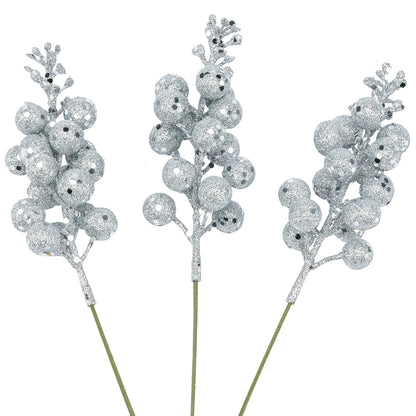 18Pcs 10in Christmas Artificial Glitter Berry Stem Ornaments (Silver)