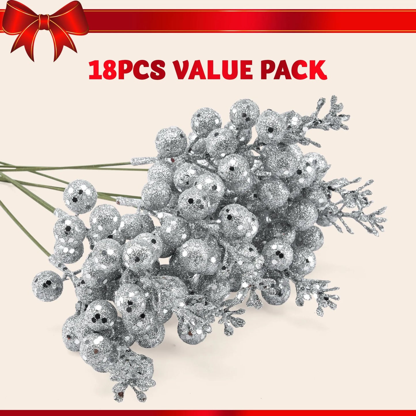 18Pcs 10in Christmas Artificial Glitter Berry Stem Ornaments (Silver)