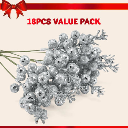 18Pcs 10in Christmas Artificial Glitter Berry Stem Ornaments (Silver)