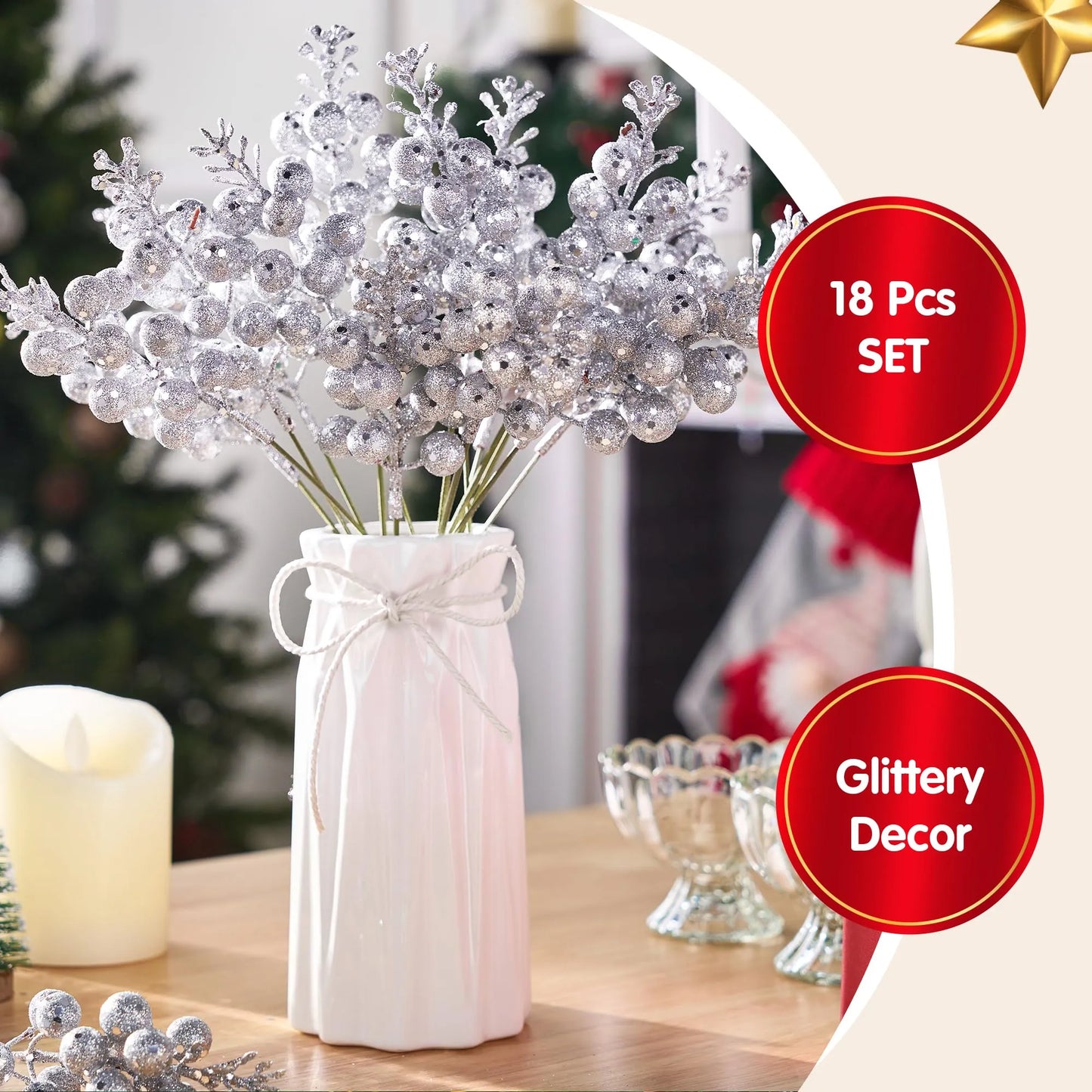 18Pcs 10in Christmas Artificial Glitter Berry Stem Ornaments (Silver)