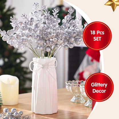 18Pcs 10in Christmas Artificial Glitter Berry Stem Ornaments (Silver)