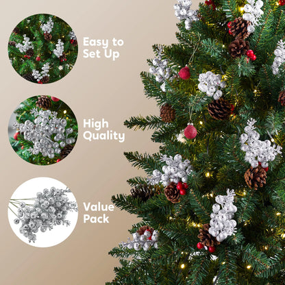 18Pcs 10in Christmas Artificial Glitter Berry Stem Ornaments (Silver)