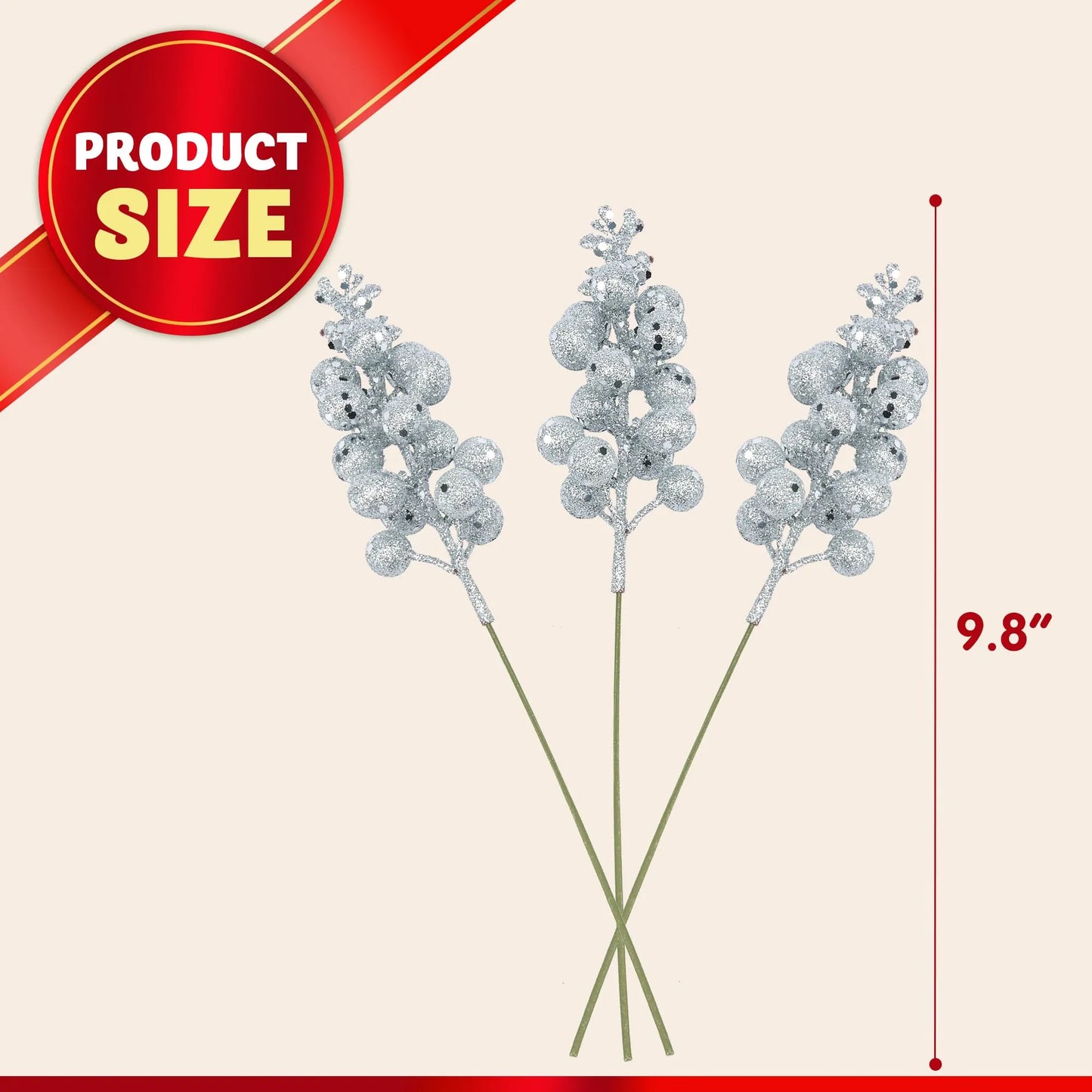 18Pcs 10in Christmas Artificial Glitter Berry Stem Ornaments (Silver)