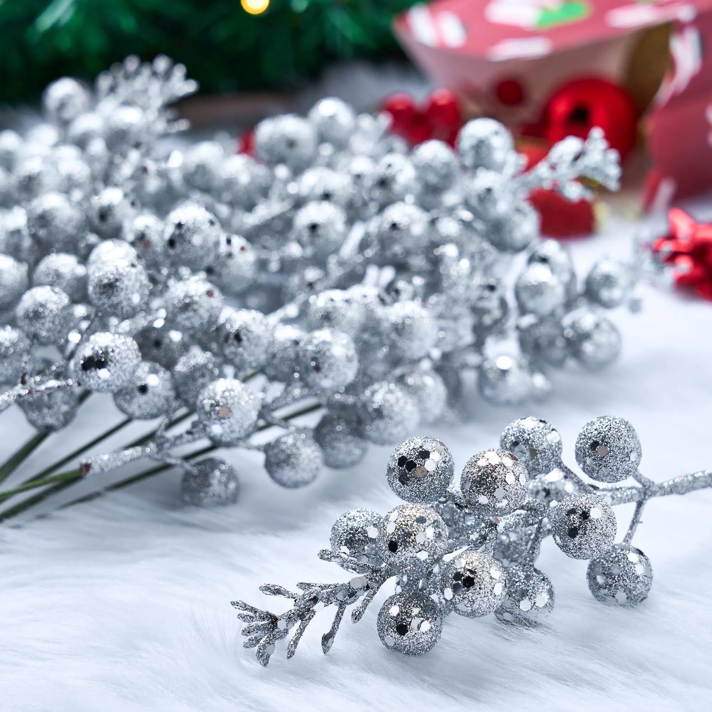 18Pcs 10in Christmas Artificial Glitter Berry Stem Ornaments (Silver)