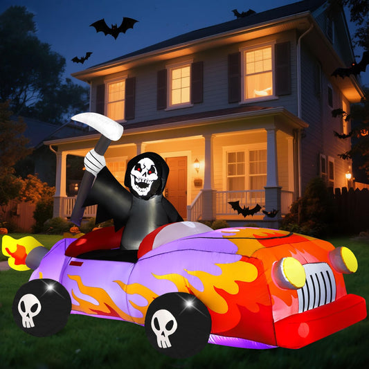 8ft Long Halloween Inflatable Grim Reaper Driving Car