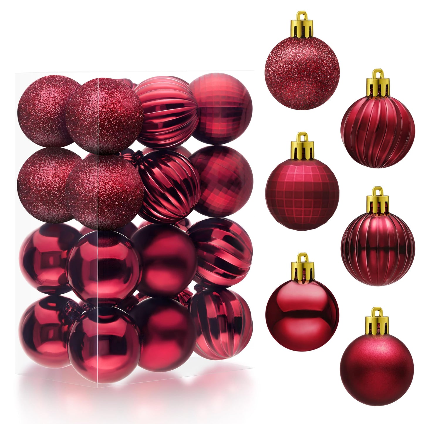 24 Pcs 1.6" Burgundy Red Christmas Balls Ornaments Set