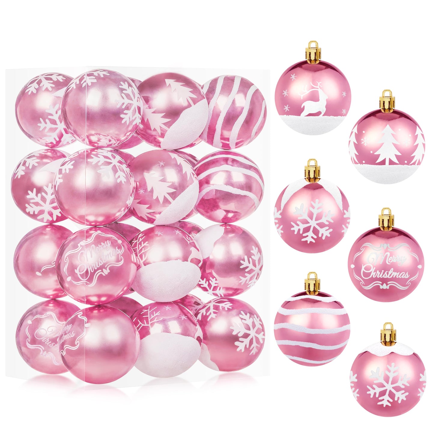 24 Pcs 2.3" Pink White Christmas Ball Ornaments Set