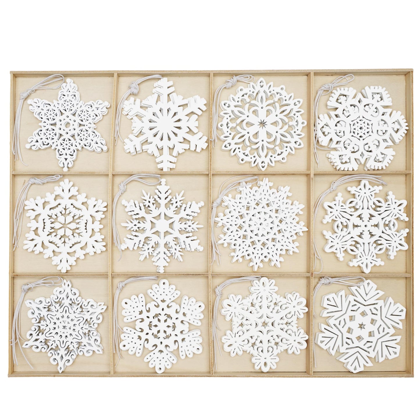 60pcs Christmas Wooden Snowflake Hanging Ornaments, 3.5'' White
