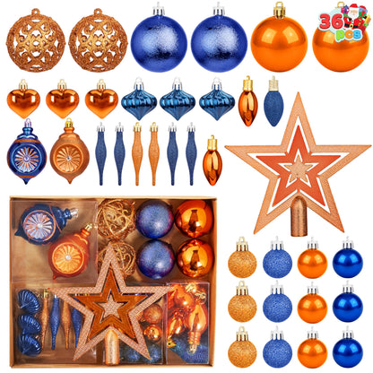 36 Pcs Blue and Orange Christmas Tree Ornaments with Star Topper and Heart