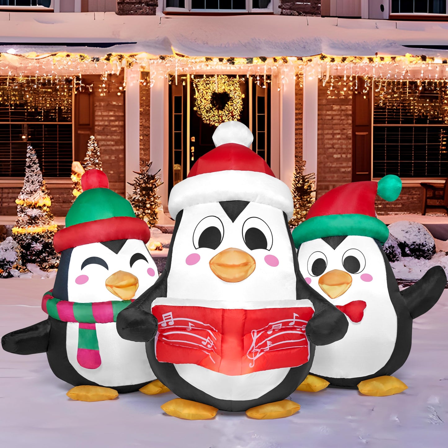6 FT Long Christmas Inflatable Penguins Choir with Build-in LEDs