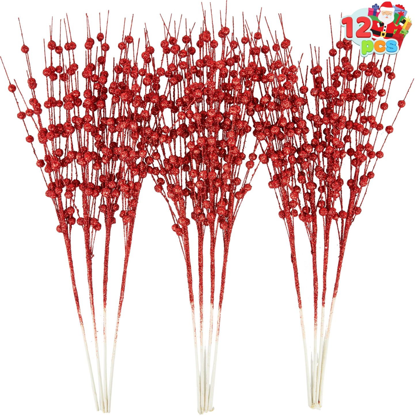 12 Pcs Red Christmas Glitter Berry Stem Ornaments