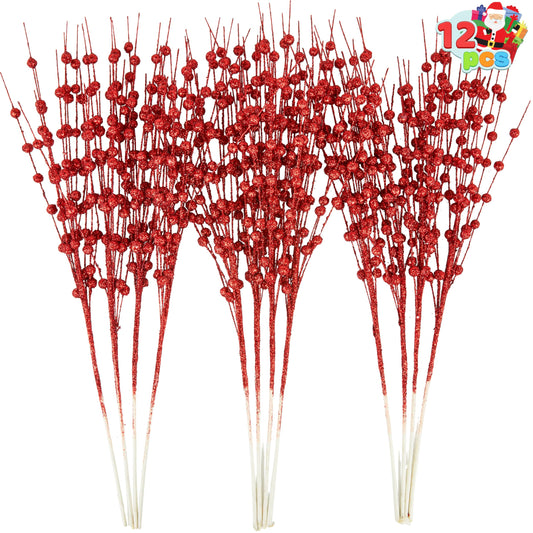 12 Pcs Red Christmas Glitter Berry Stem Ornaments