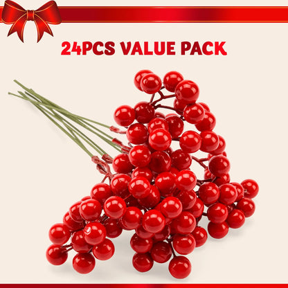 24 Pcs Christmas Artificial Red Berry Stem Ornaments