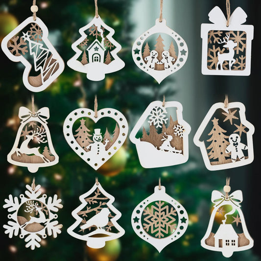 24 Pcs Christmas Wooden Craved Ornament Multi-Layered Xmas
