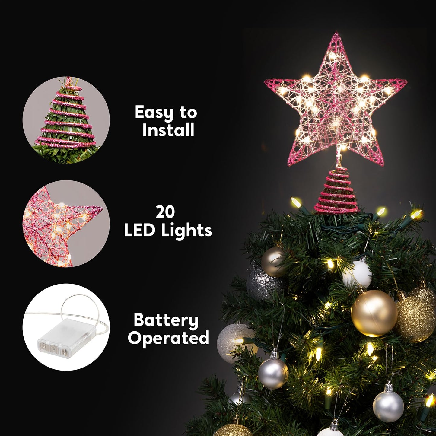 8 inch Christmas Glitter Pink Star Tree Toppers