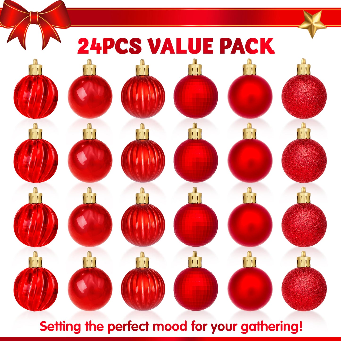 24 Pcs Red Christmas Balls Ornaments Set