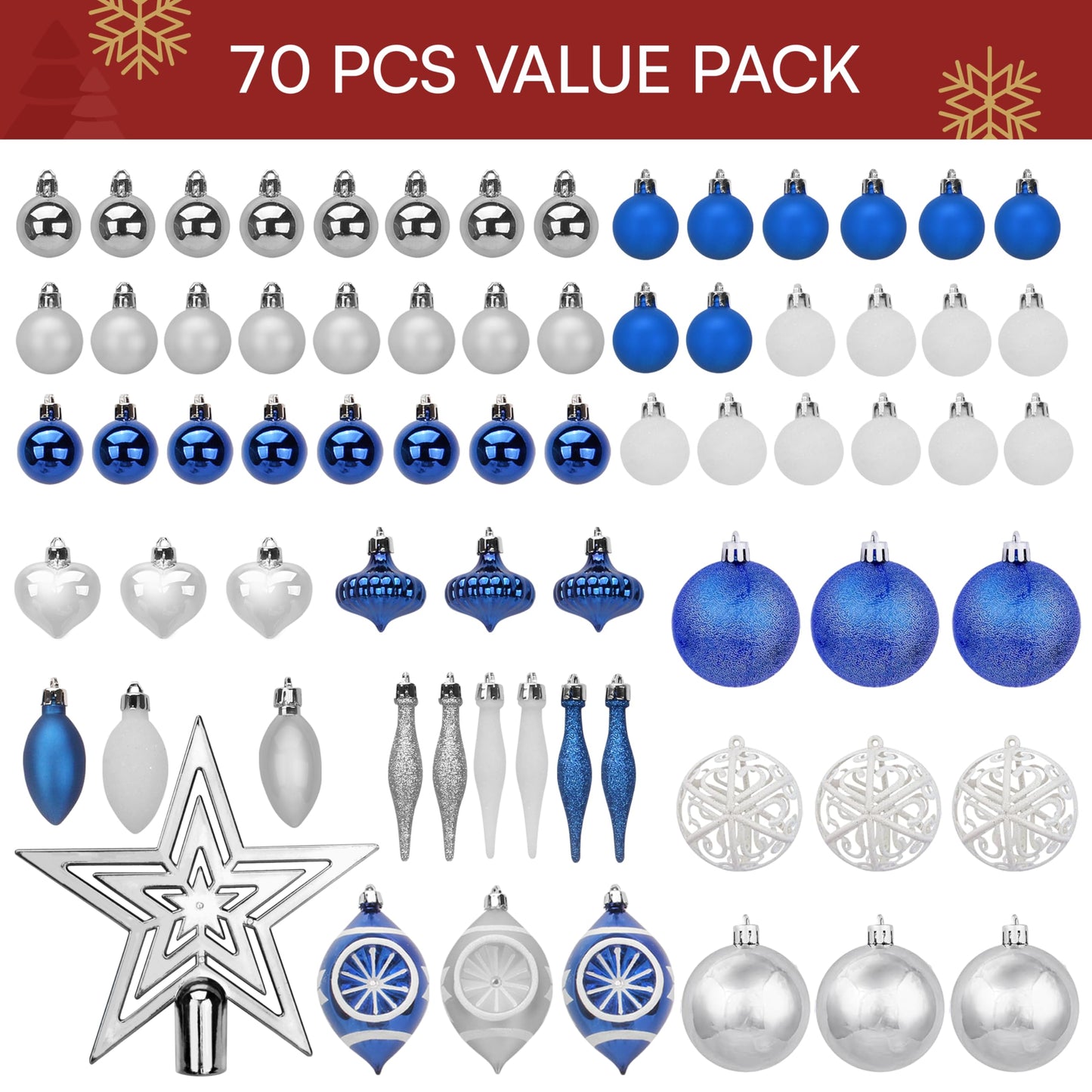 70Pcs Assorted Christmas Blue Ornaments