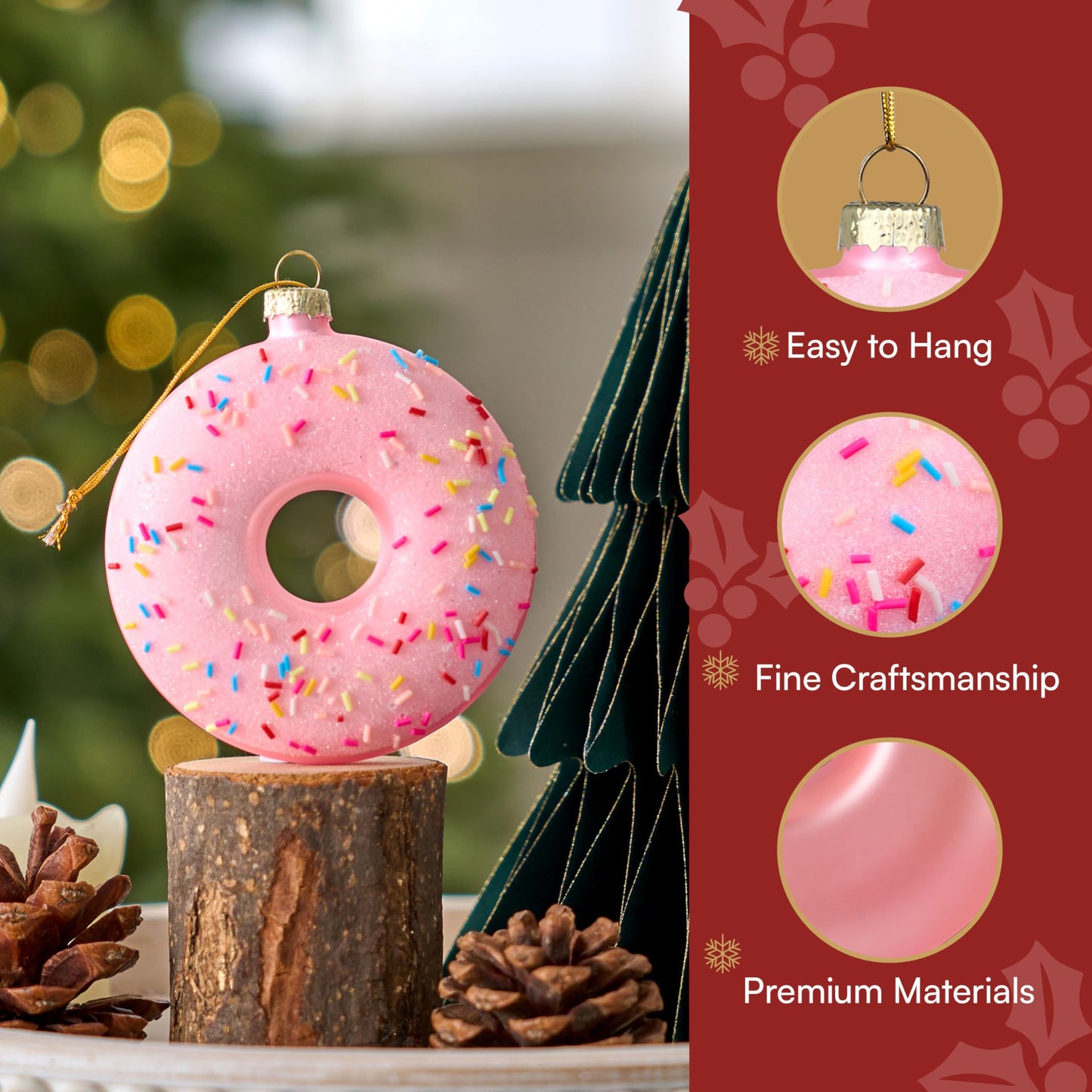 Pink Donut Food Mini Christmas Ornaments