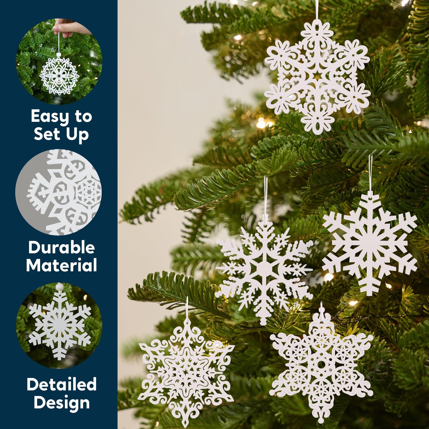 60pcs Christmas Wooden Snowflake Hanging Ornaments, 3.5'' White