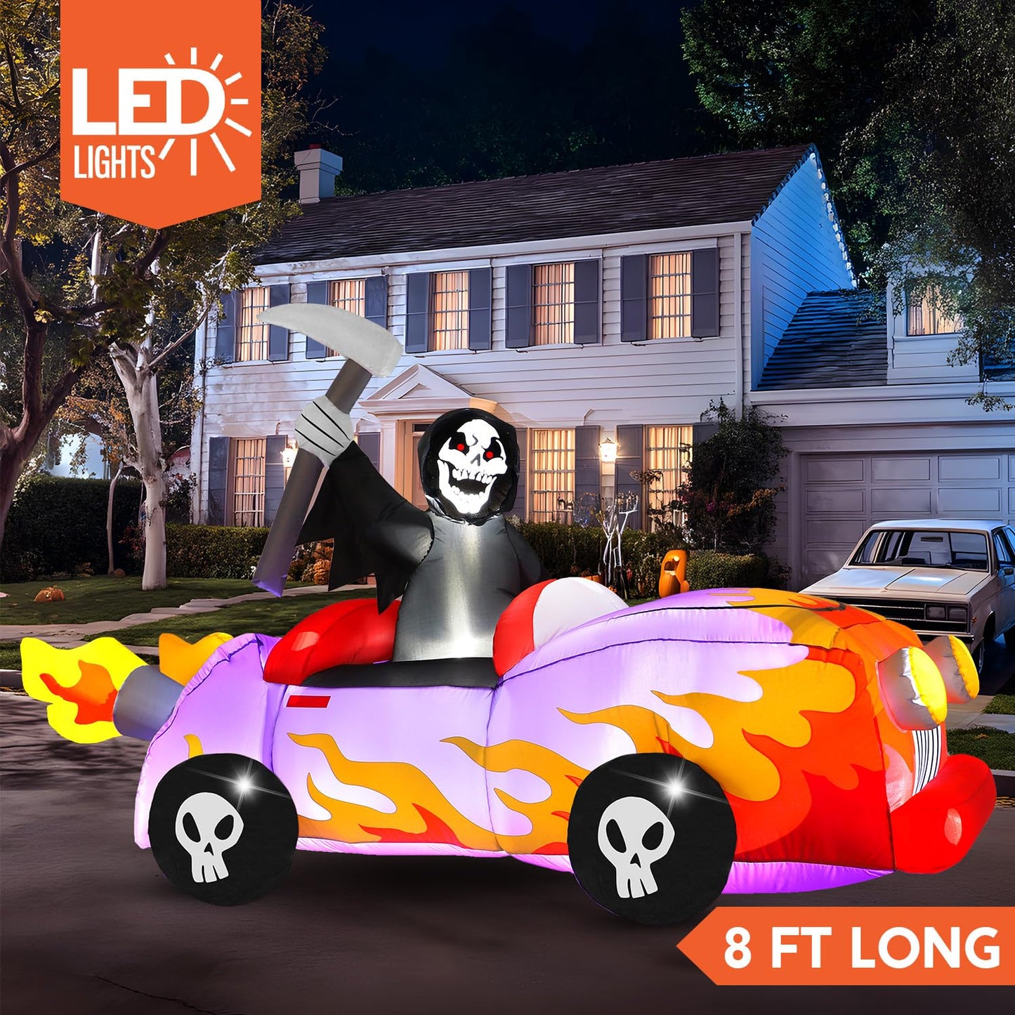 8ft Long Halloween Inflatable Grim Reaper Driving Car