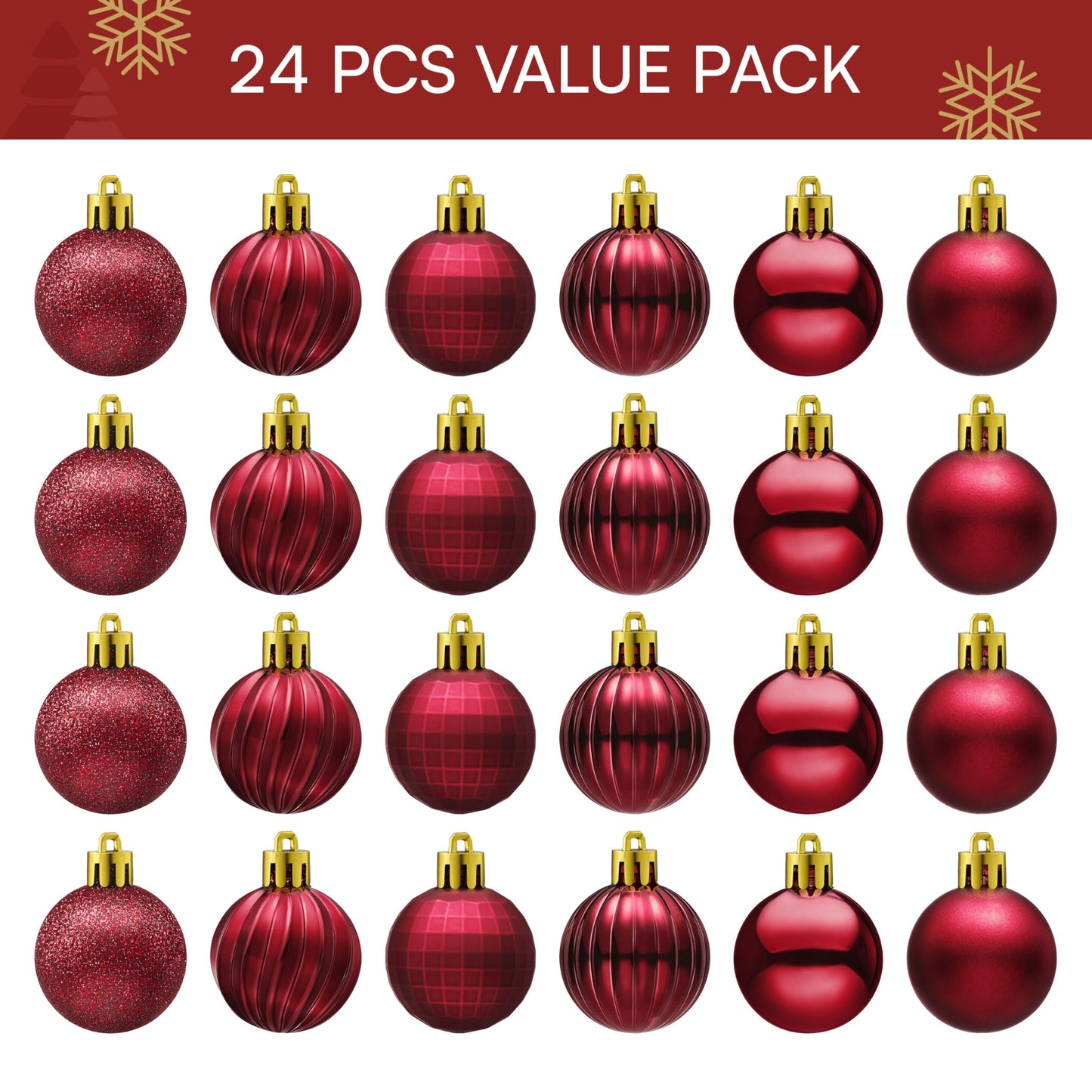 24 Pcs 1.6" Burgundy Red Christmas Balls Ornaments Set