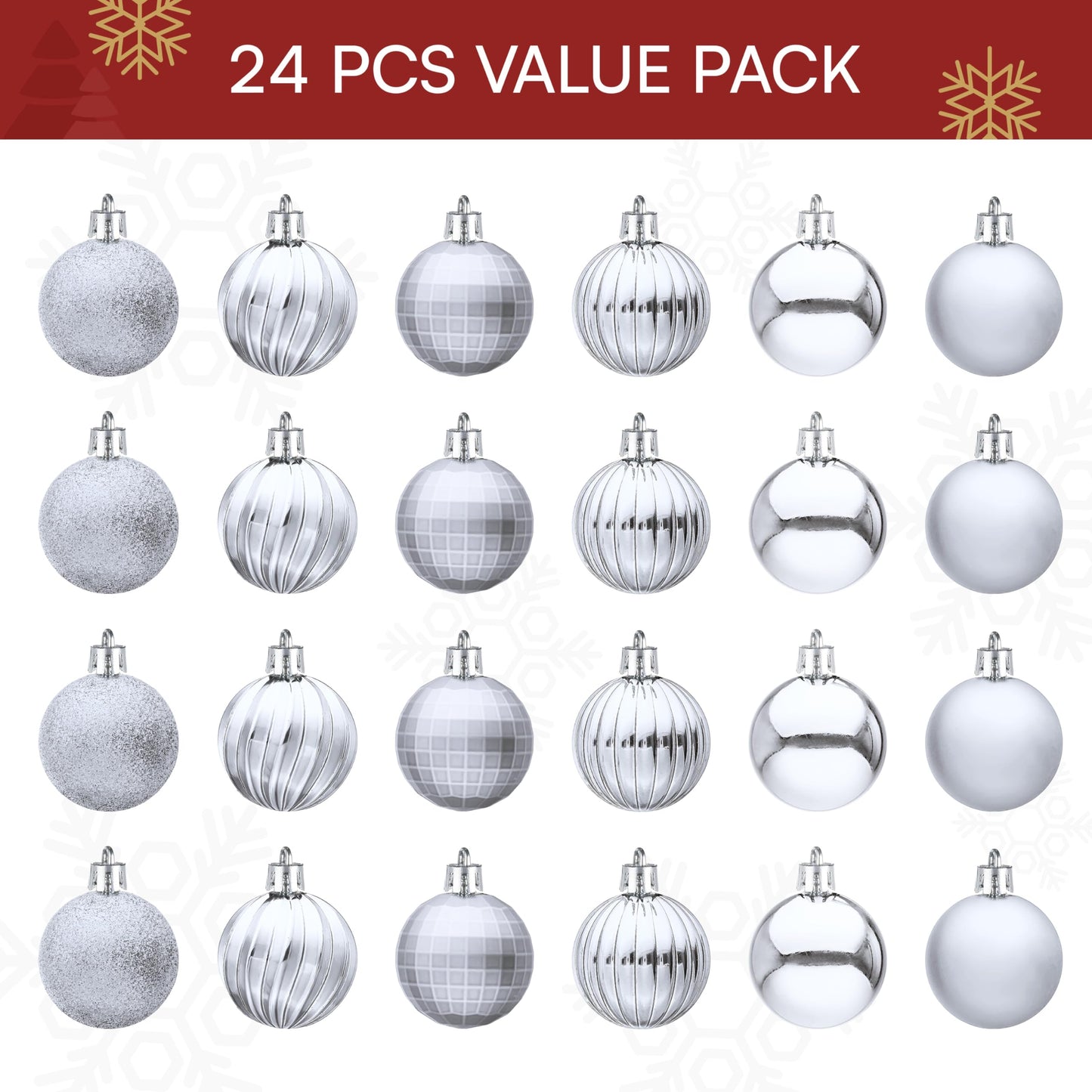 24 Pcs Silver Christmas Balls Ornaments Set