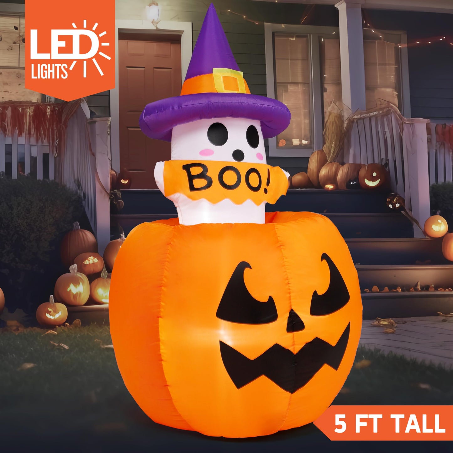 5ft Halloween Inflatable Ghost on Pumpkin with LEDs