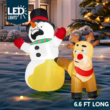 6.6 FT Long Christmas Inflatable Reindeer Peeing on Snowman