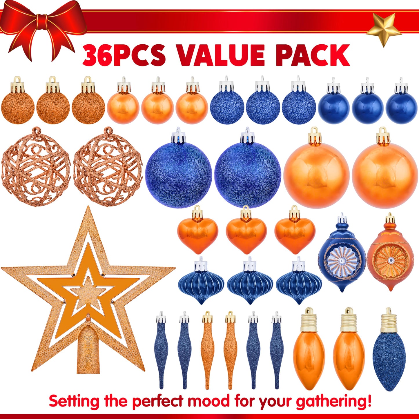 36 Pcs Blue and Orange Christmas Tree Ornaments with Star Topper and Heart