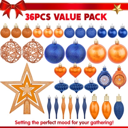 36 Pcs Blue and Orange Christmas Tree Ornaments with Star Topper and Heart