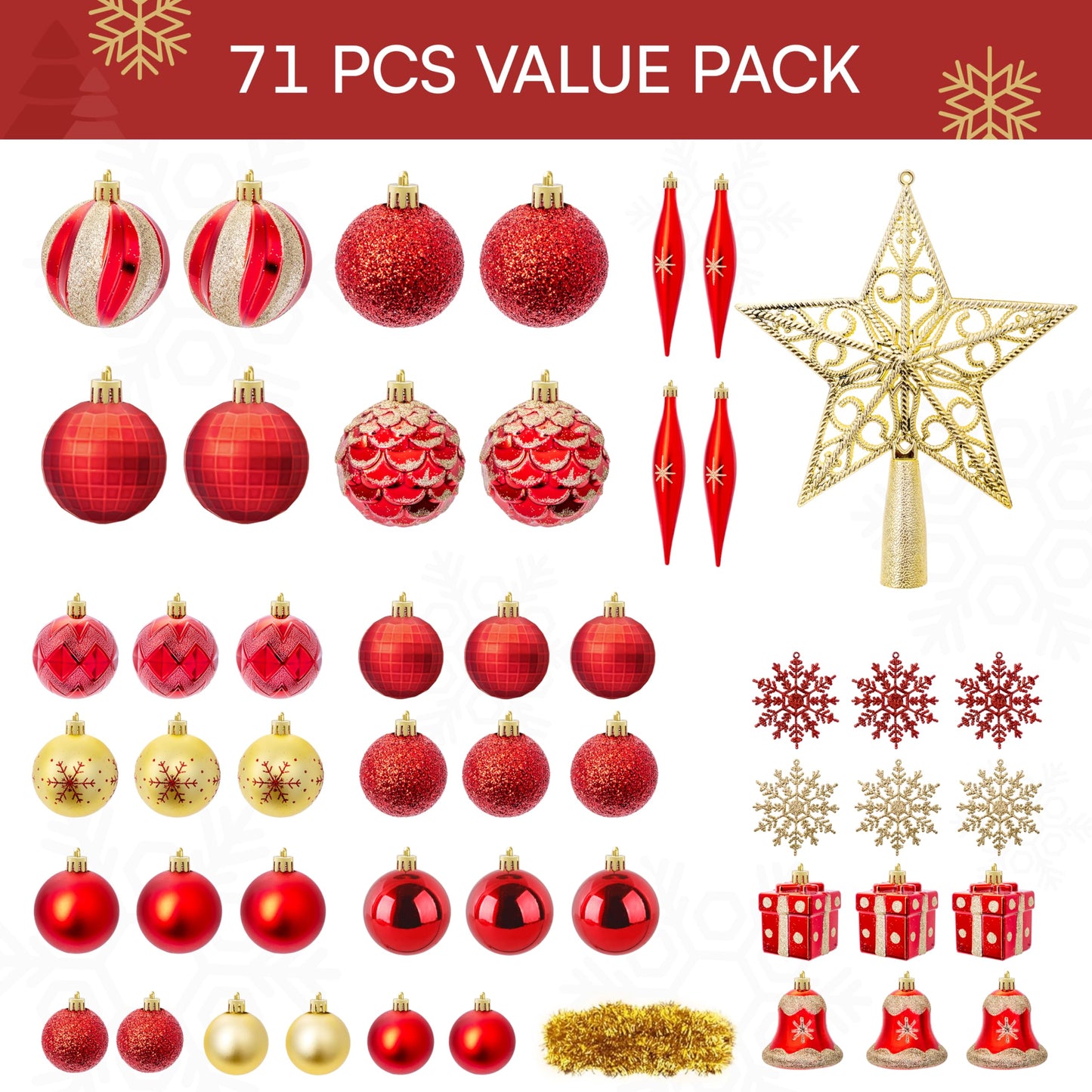 71 Pcs Red & Gold Christmas Ornaments Set