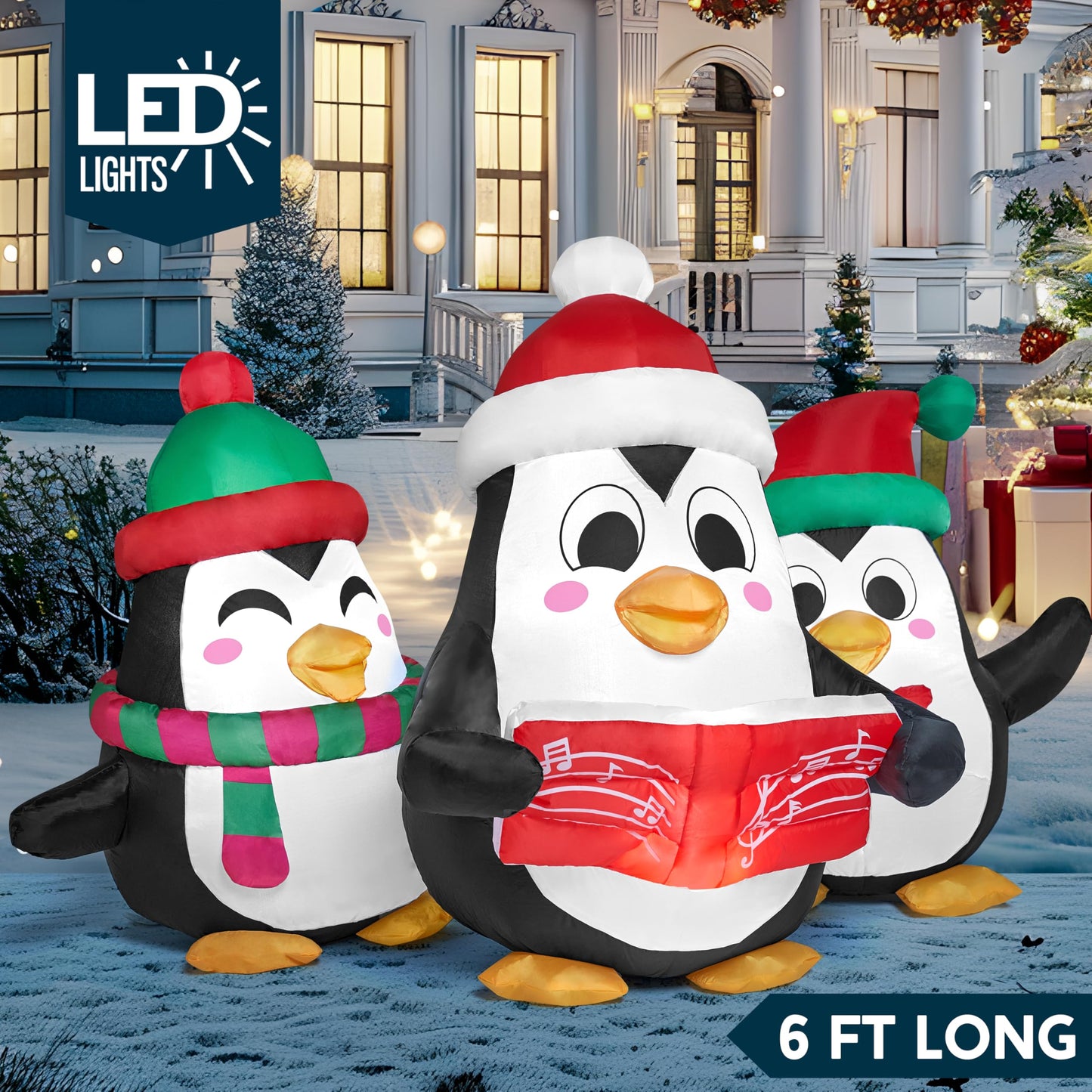 6 FT Long Christmas Inflatable Penguins Choir with Build-in LEDs