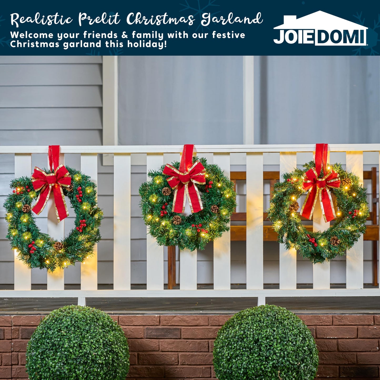 3 Pack 19" Christmas Wreaths with Bow Pre-Lit