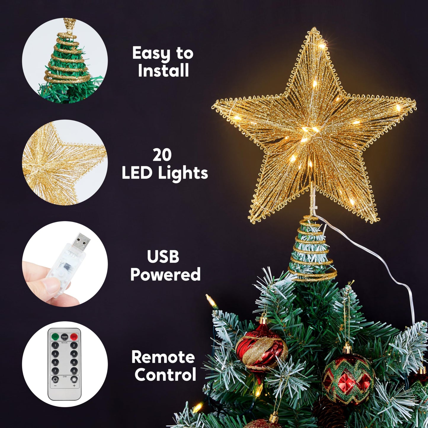 9.5" Golden Christmas Star Tree Topper Radial Design