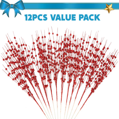 12 Pcs Red Christmas Glitter Berry Stem Ornaments