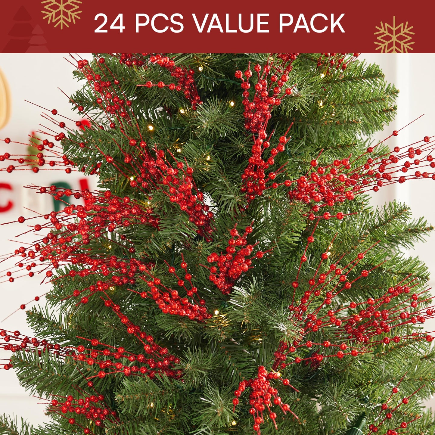 24 Pcs Christmas Tree Berry Stem (Red)