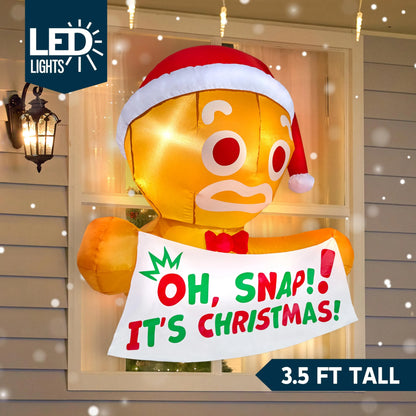 3.5ft Christmas Inflatable Gingerbread Man with Oh Snap Banner Broke Out from Window