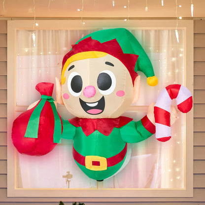 3.5ft Tall Christmas Inflatable Santa Elf Broke Out from Window with Built-in LEDs