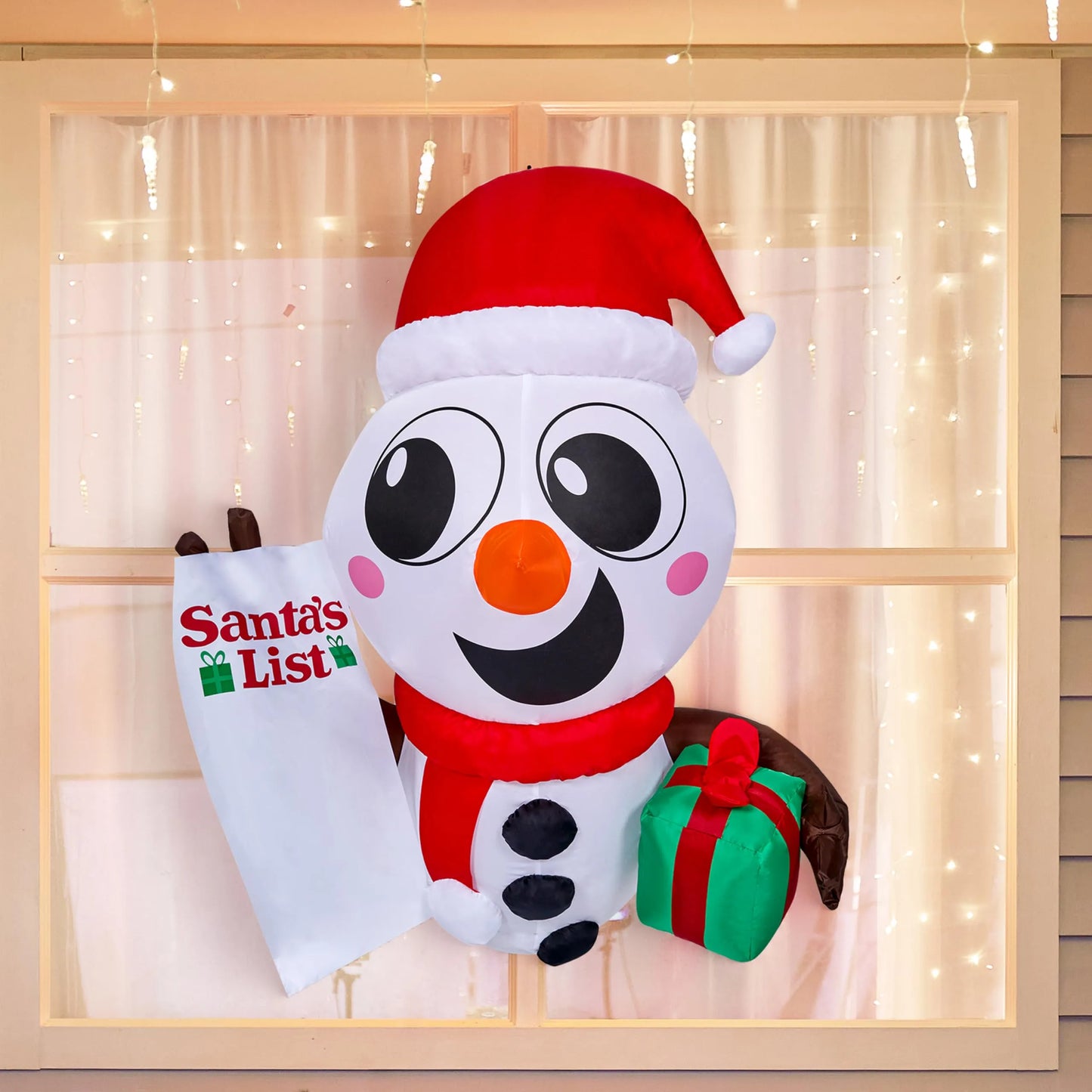 3.5ft Tall Christmas Inflatable Snowman with Santa¡¯s List and Gift Box Broke Out from Window
